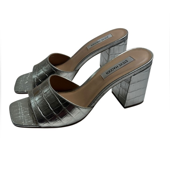 Steve Madden Silver Alaya Heeled Metallic Mules Size 9.5 CrocEmbossed Leather - Picture 2 of 9